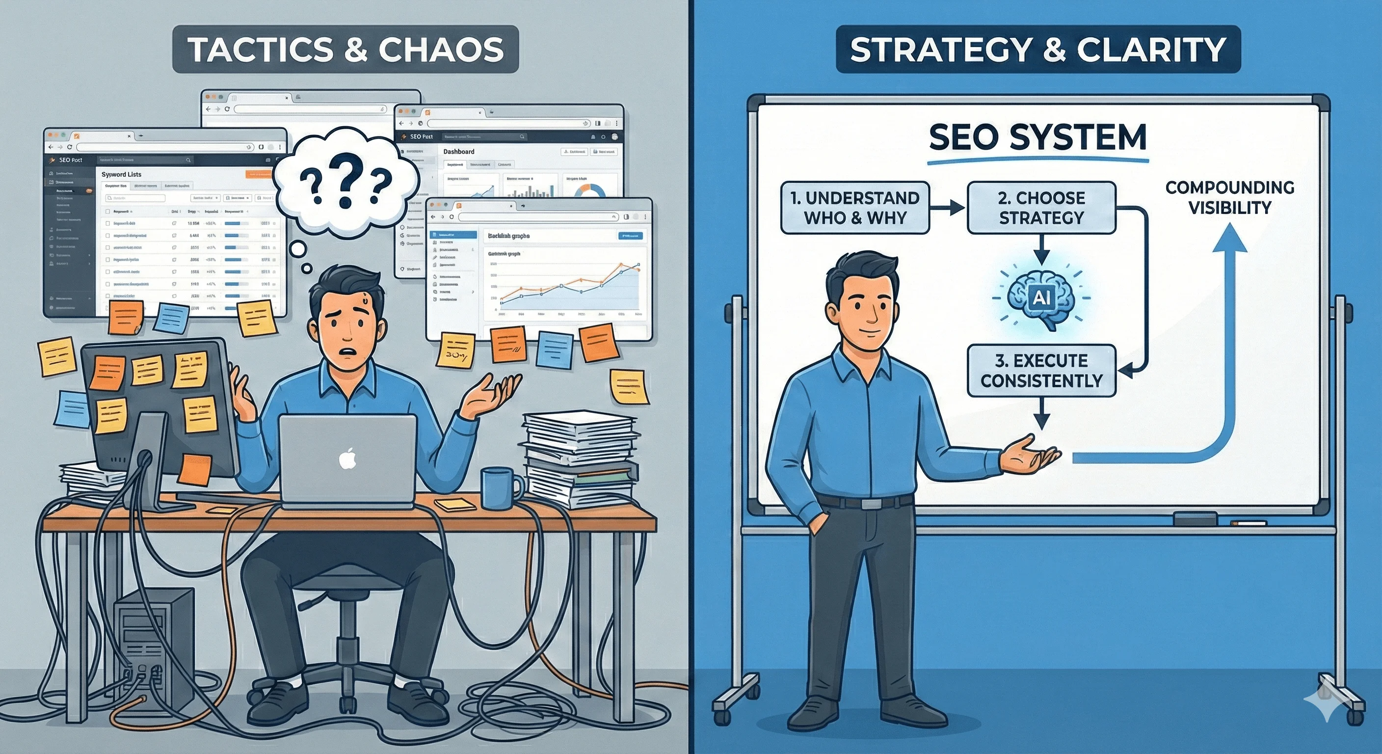 A visual comparison: chaotic tactics contrasted with a clear, structured SEO strategy leading to visibility.