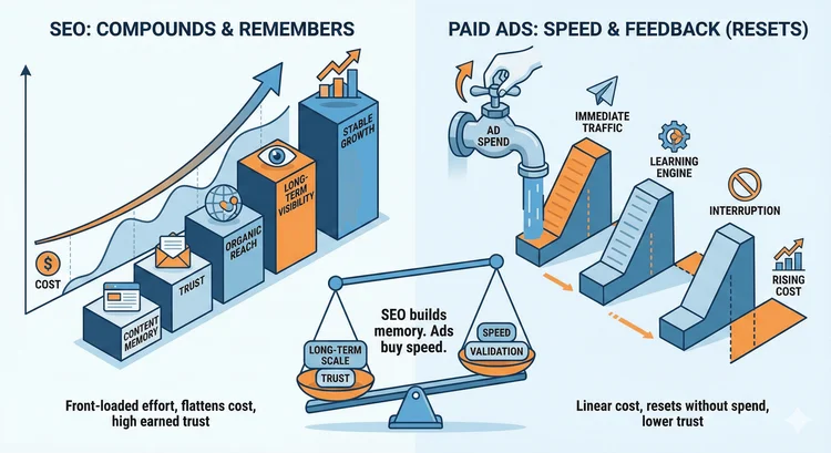 Infographic comparing SEO's compounding growth and trust with Paid Ads' immediate speed and resetting costs.