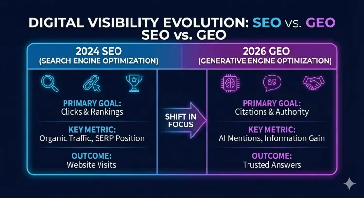Chart comparing 2024 SEO and 2026 GEO, detailing the digital visibility evolution.