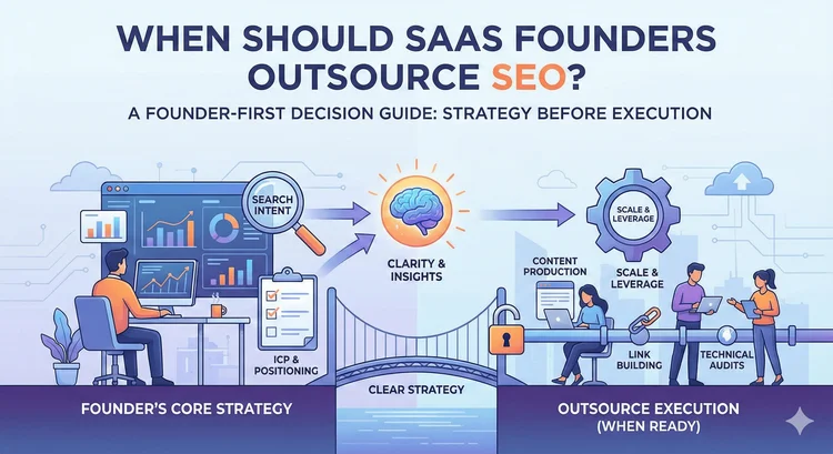 Flowchart for SaaS founders: When to outsource SEO, from core strategy to outsourced execution.